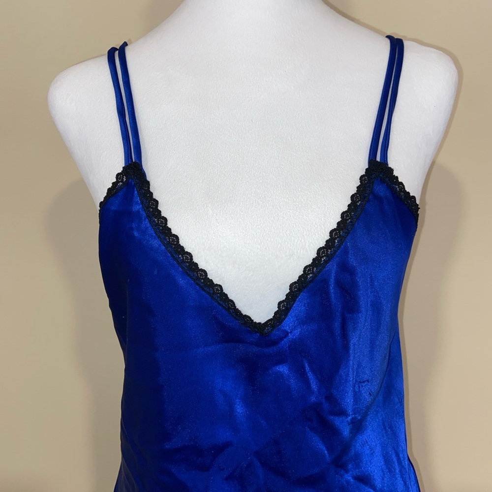 Satin Blue Chemise with Black Lace Trim - Picture 2 of 5